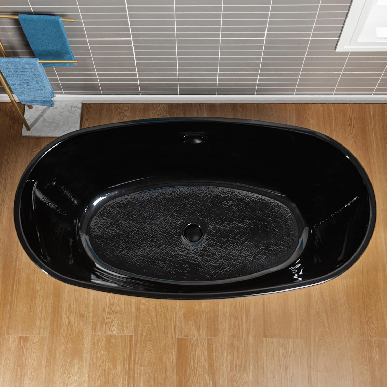 WOODBRIDGE 59' L x 31-1/2' W Freestanding Modern Acrylic Soaking Bathtub in Glossy Black Inside and Matte Black Drain & Overflow