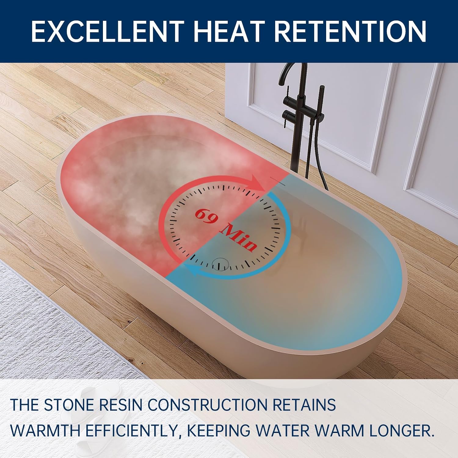 59' Resin Stone Free Standing Tub Bathtubs, Soaking Tub with Solid Surface, Bathroom Freestanding Bathtub with Overflow and Drain, Pink
