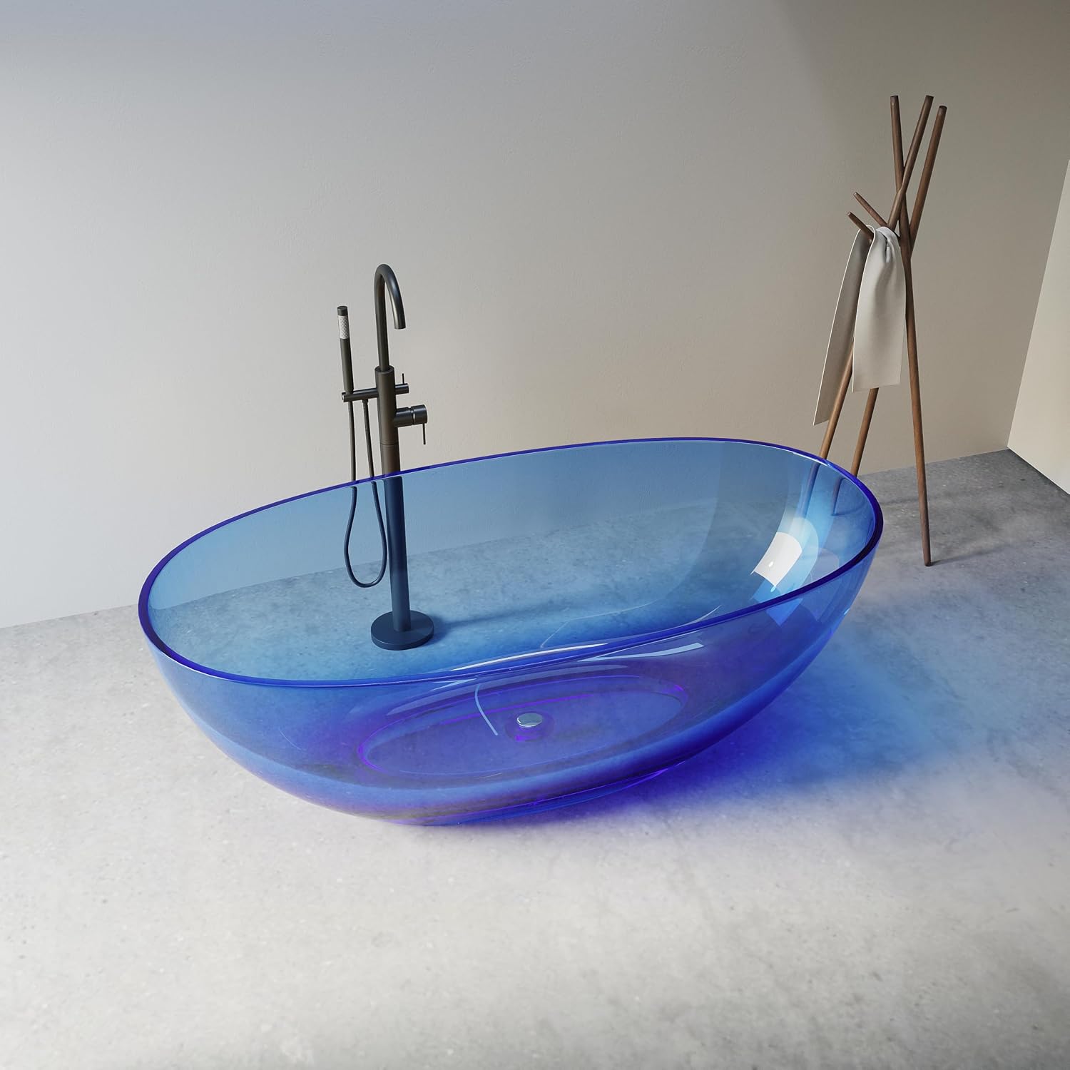Stone Resin Freestanding Bathtub 61', Elegant Oval Shape Soaking Tub, Solid Surface Stand Alone Bathtub with Drain & Integrated Slotted Overflow Transparent Blue AMFS303-1550-TPBLUE