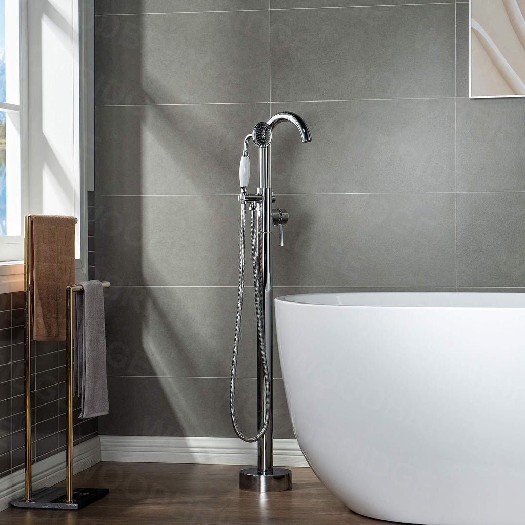 WOODBRIDGE WOODBRIDGEE Contemporary Single Handle Floor Mount Freestanding Tub Filler Faucet with Hand Shower in (Chrome) Finish,F0002-CHVT, Chorme I
