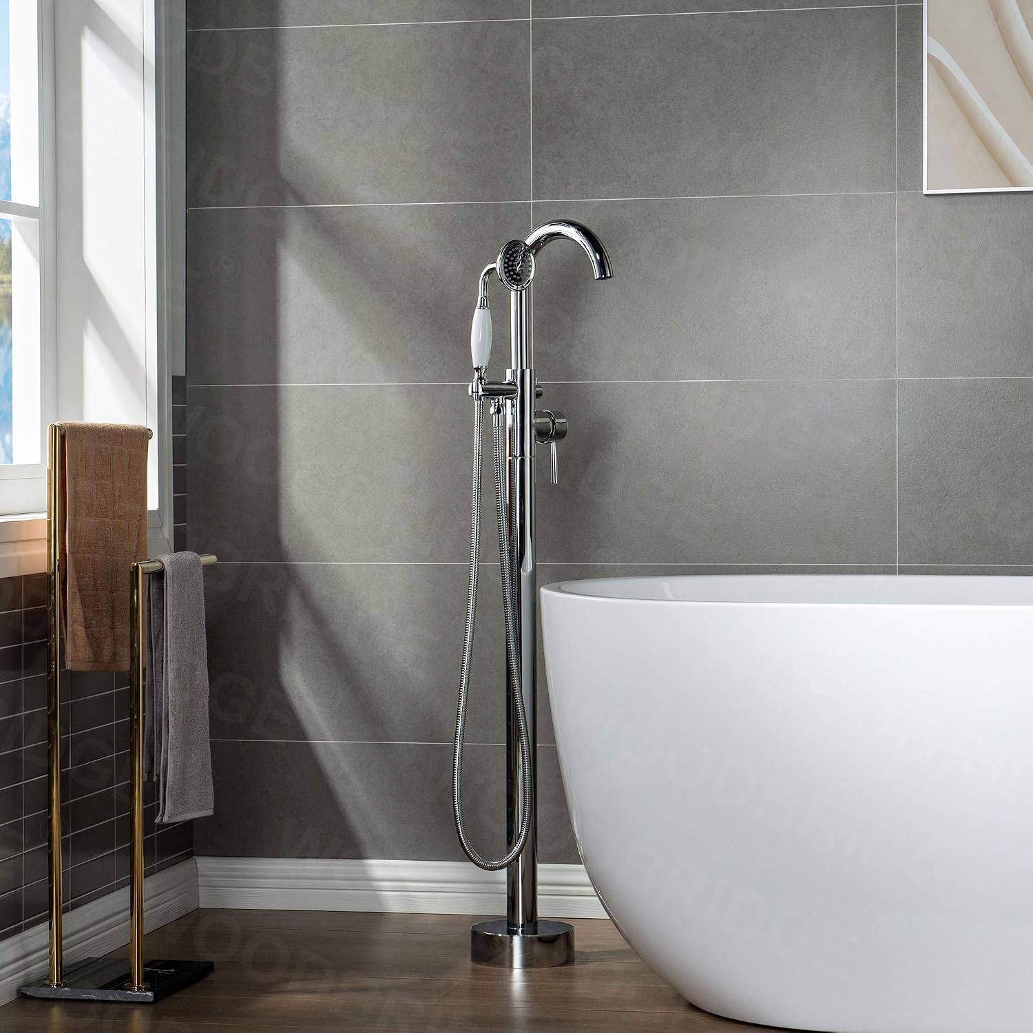 WOODBRIDGE WOODBRIDGEE Contemporary Single Handle Floor Mount Freestanding Tub Filler Faucet with Hand Shower in (Chrome) Finish,F0002-CHVT, Chorme I