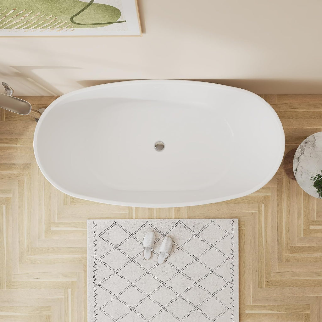60' Upgraded Contemporary Oval Freestanding Bathtubs, Premium White Stand Alone Soaking Tub with CUPC Drain