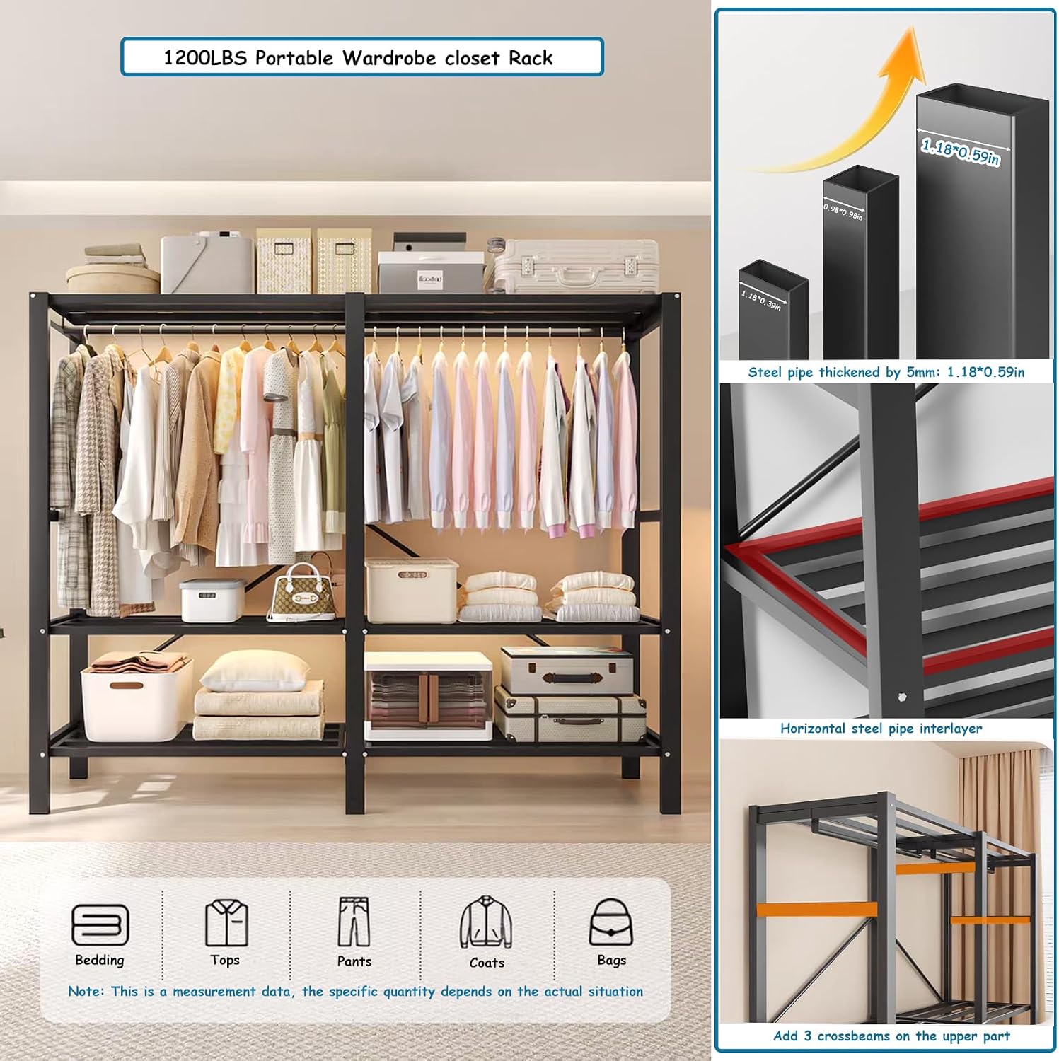 Heavy Duty Covered Clothes Rack with Magnetic Door Foldable Portable Wardrobe Closet for Hanging Clothing Rolling Black Metal Garment Rack on Wheels Closet System (Brown, 58.9in)