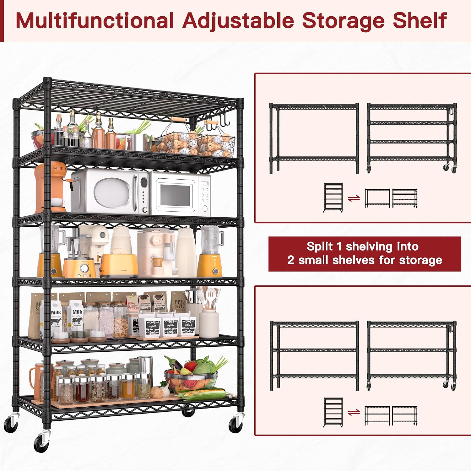 PrimeZone 6 Tier Wire Shelving with Wheels 79''H 1500lbs Storage Shelves NSF Certified Heavy Duty Steel Metal Shelf Adjustable Rolling Rack Kitchen Garage Closet Pantry Laundry 79''HX36''WX16''D 3Pcs