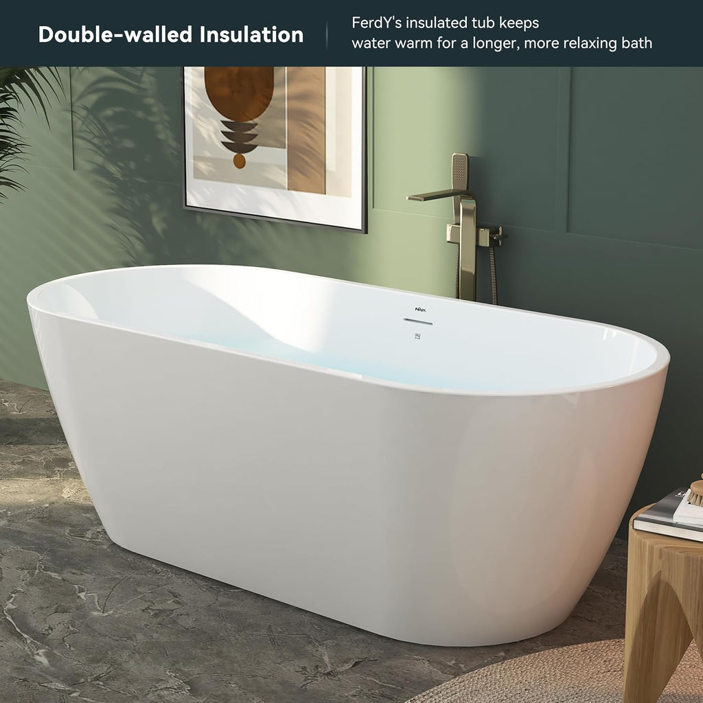 FerdY 67' Bali Elite Acrylic Freestanding Bathtub with Headrest, Gracefully Shaped Soaking Bathtub, cUPC Certified, Toe-Tap Brushed Nickel Drain & Overflow& Bath Pillow Included