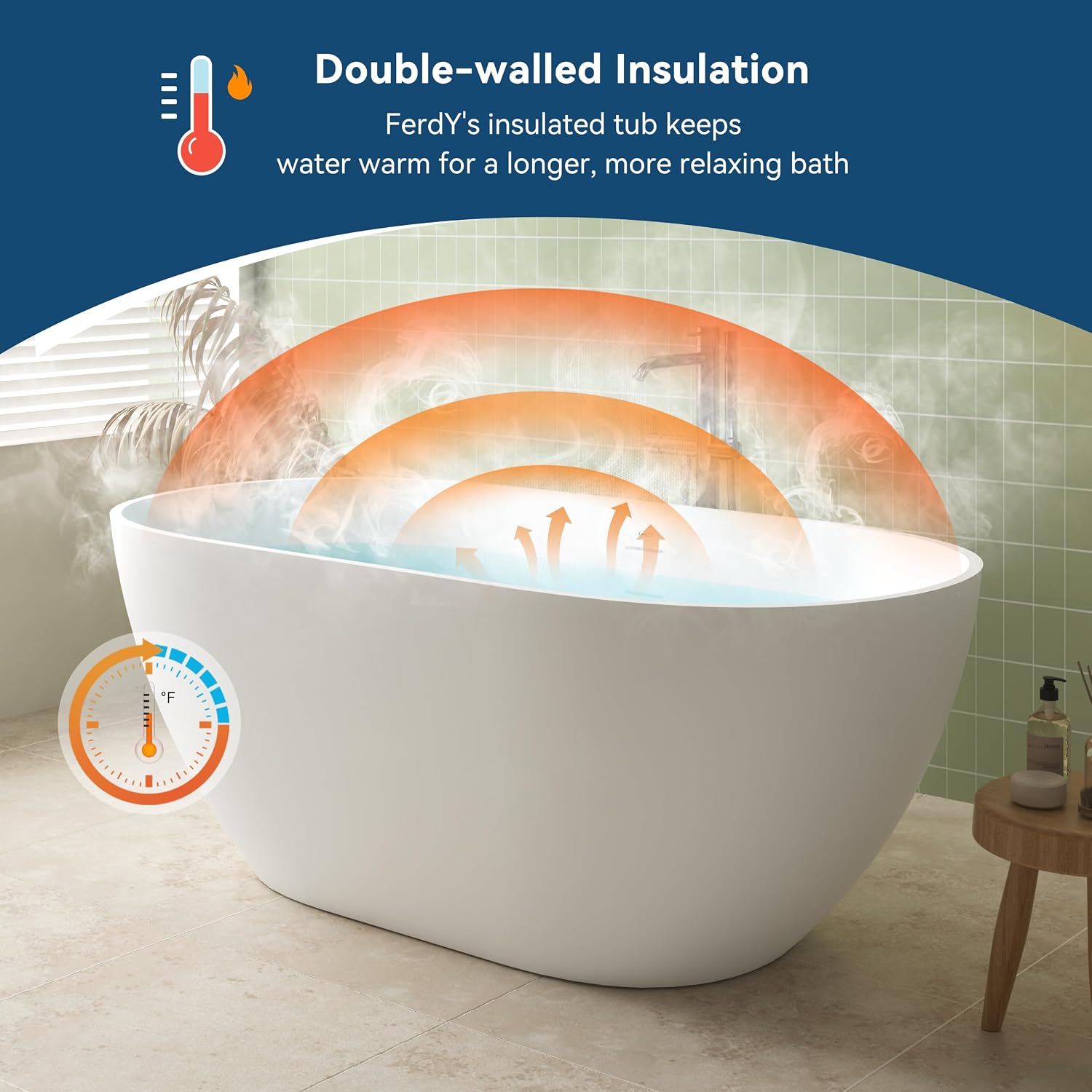 FerdY Fiji 59' Stone Resin Freestanding Bathtub, Elegant Oval Freestanding Soaking Bathtub, Solid Surface Soaking Tub, Matte White, cUPC Certified, Pop-up and Drain Integrated Slotted Overflow