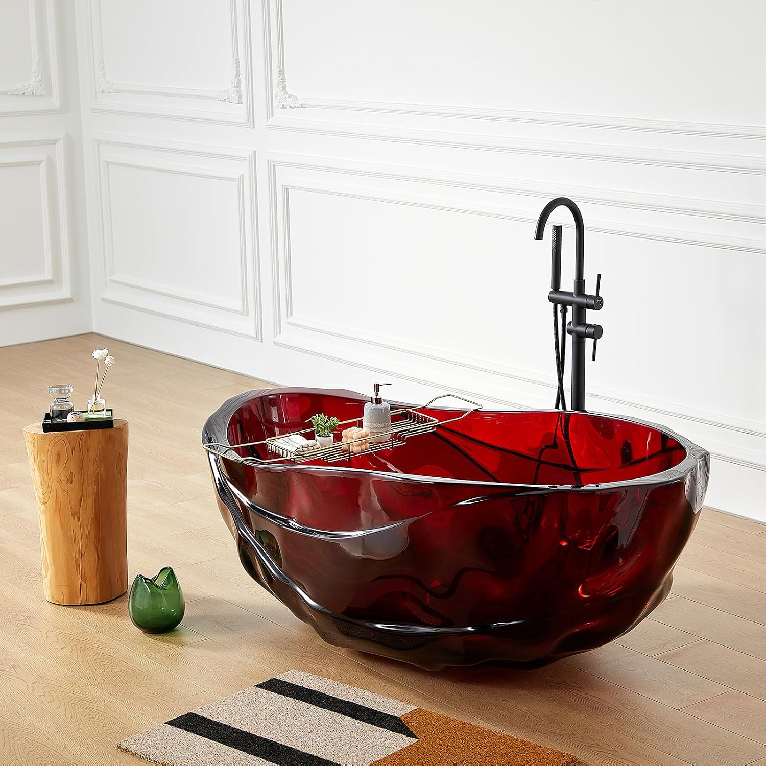 Cpingao 67' Resin Translucent Freestanding Bathtub, Modern Oval Stand Alone Tubs, Contemporary Transparent Resin Freestanding Bath 1700 MM with Drain Fiery Red 8852-1700-RED