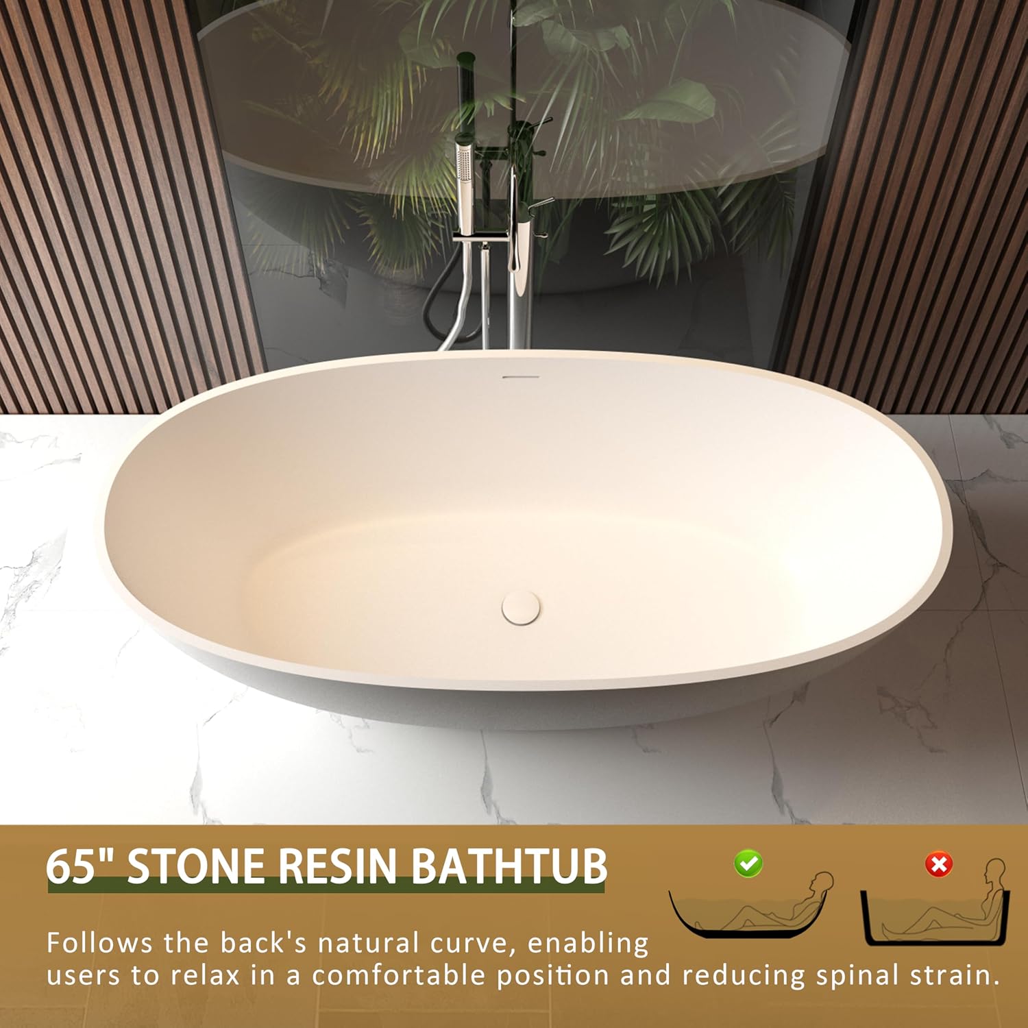 65' Freestanding Solid Surface Bathtub - Luxury Handcrafted Stone Resin Soaking Tub with Overflow, Pop-up Drain & Matte White Finish for Spa-Like Relaxation