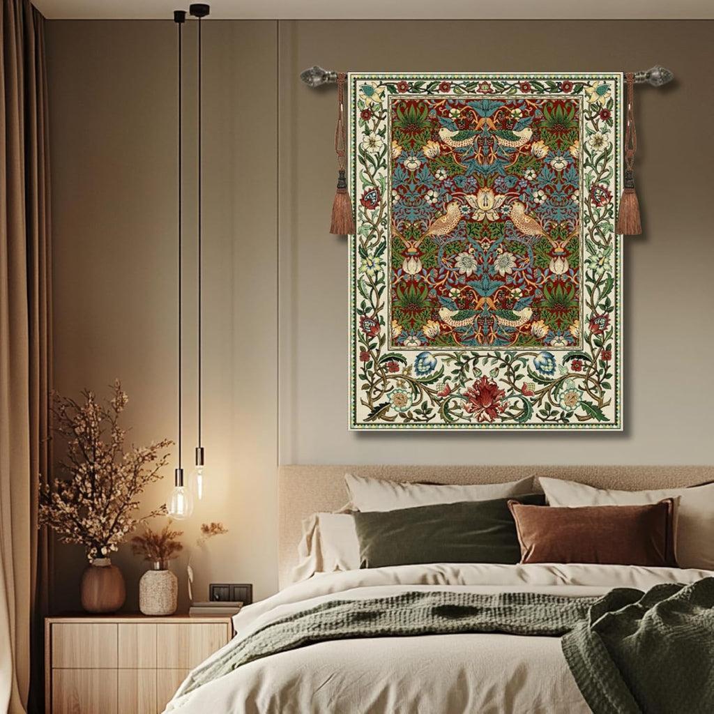 Vintage Medieval Tapestry, William Morris Birds and Flowers, Jacquard Woven Tapestry Wall Hanging for Living Room (Burgundy)