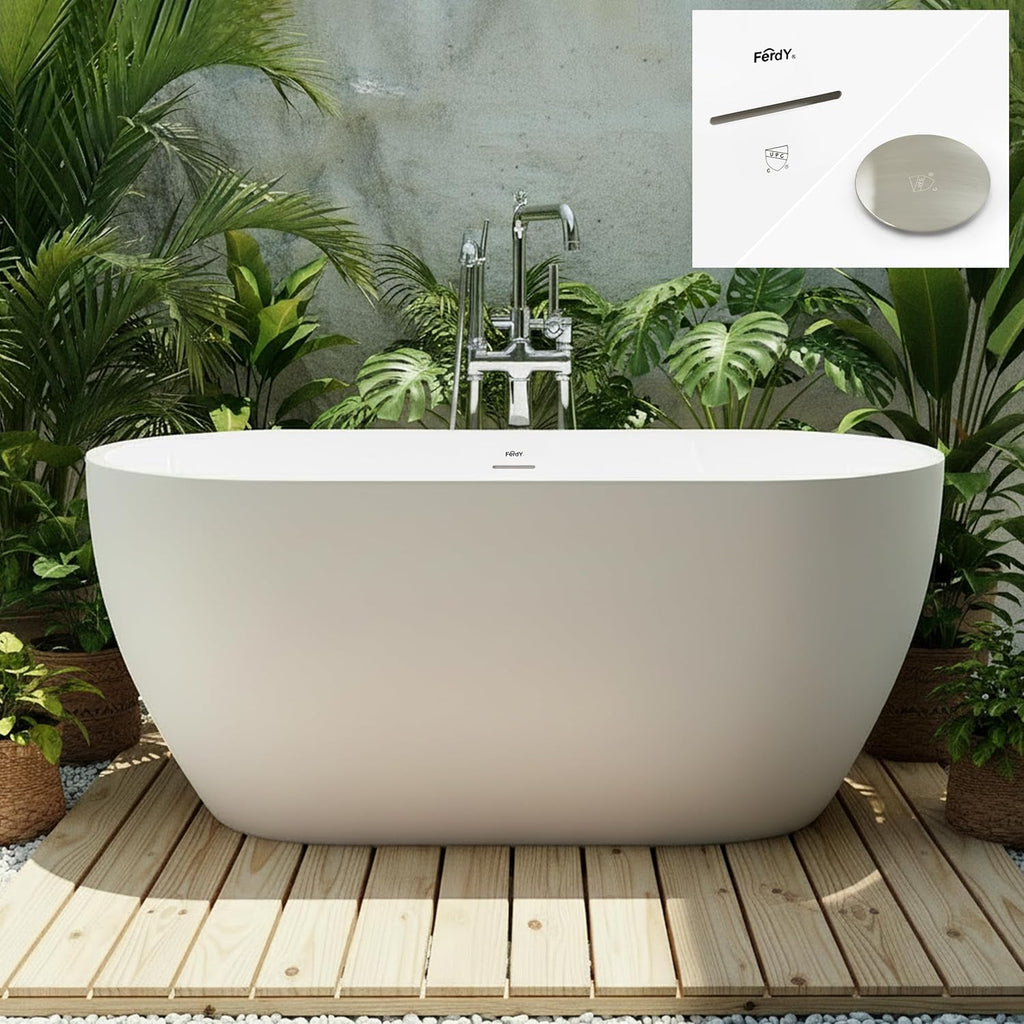 FerdY 59' Acrylic Freestanding Bathtub, Contemporary Soaking tub with Brushed Nickel Drain & Overflow, Elegant Oval Shape, cUPC Certified, Bali