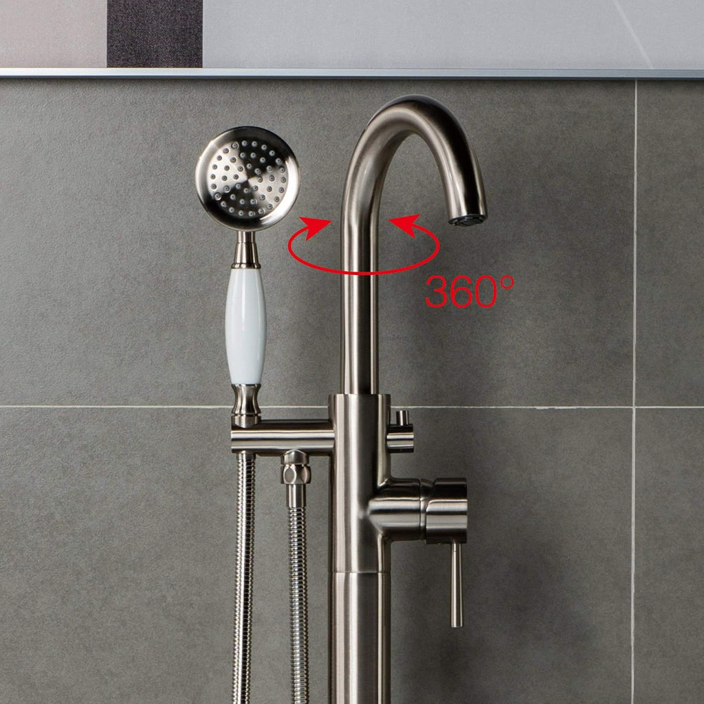 WOODBRIDGE F0001BNVT Fusion Single Handle Floor Mount Freestanding Tub Filler Faucet with Telephone Hand shower in Brushed Nickel Finish