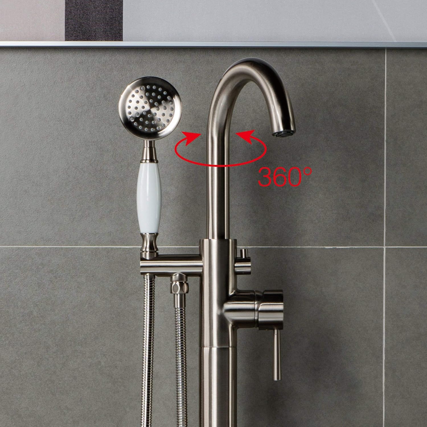 WOODBRIDGE F0001BNVT Fusion Single Handle Floor Mount Freestanding Tub Filler Faucet with Telephone Hand shower in Brushed Nickel Finish