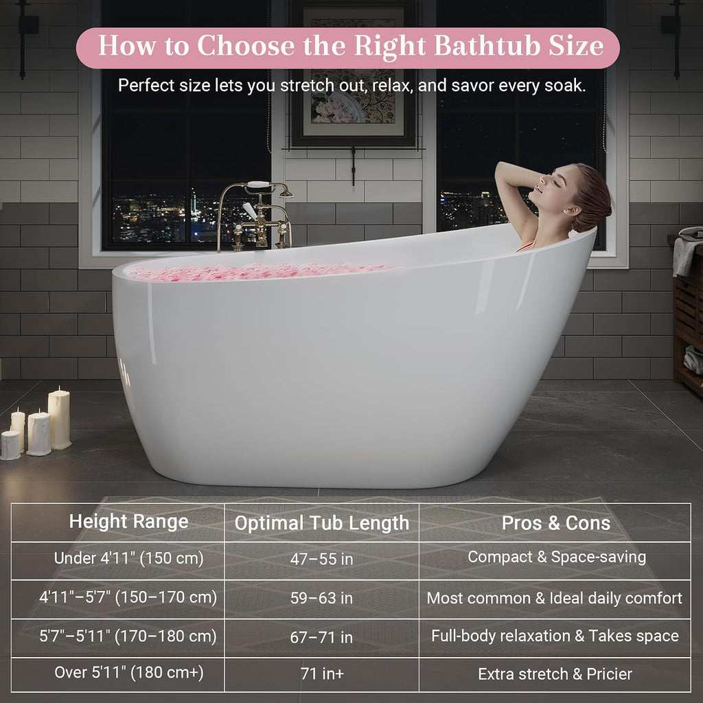 63' Acrylic Freestanding Bathtub, Deep Soaking Bathtub with Pop up Drain Integrated Overflow, Stand Alone Bath Tub for Bathroom Spa or Home Upgrade, Glossy White GF 26A04 63