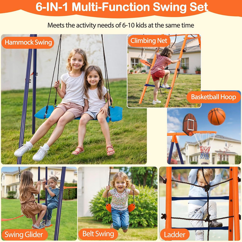 SUPER DEAL 6-in-1 Outdoor Swing Set for Kids, Heavy Duty Metal Playset with Adjustable Swings, Climbing Ladder, Rope Net, Swing Glider and Basketball Hoop, Backyard Playground Equipment for Ages 3-12
