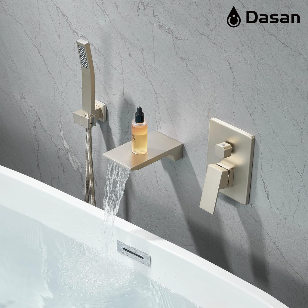 DASAN Waterfall Tub Filler Faucet Wall Mount with Hand Shower, Modern Wall Mounted Bathtub Faucet Brushed Nickel Tub Faucet with High Flow Rough in Valve, SA-TF01WH-BN