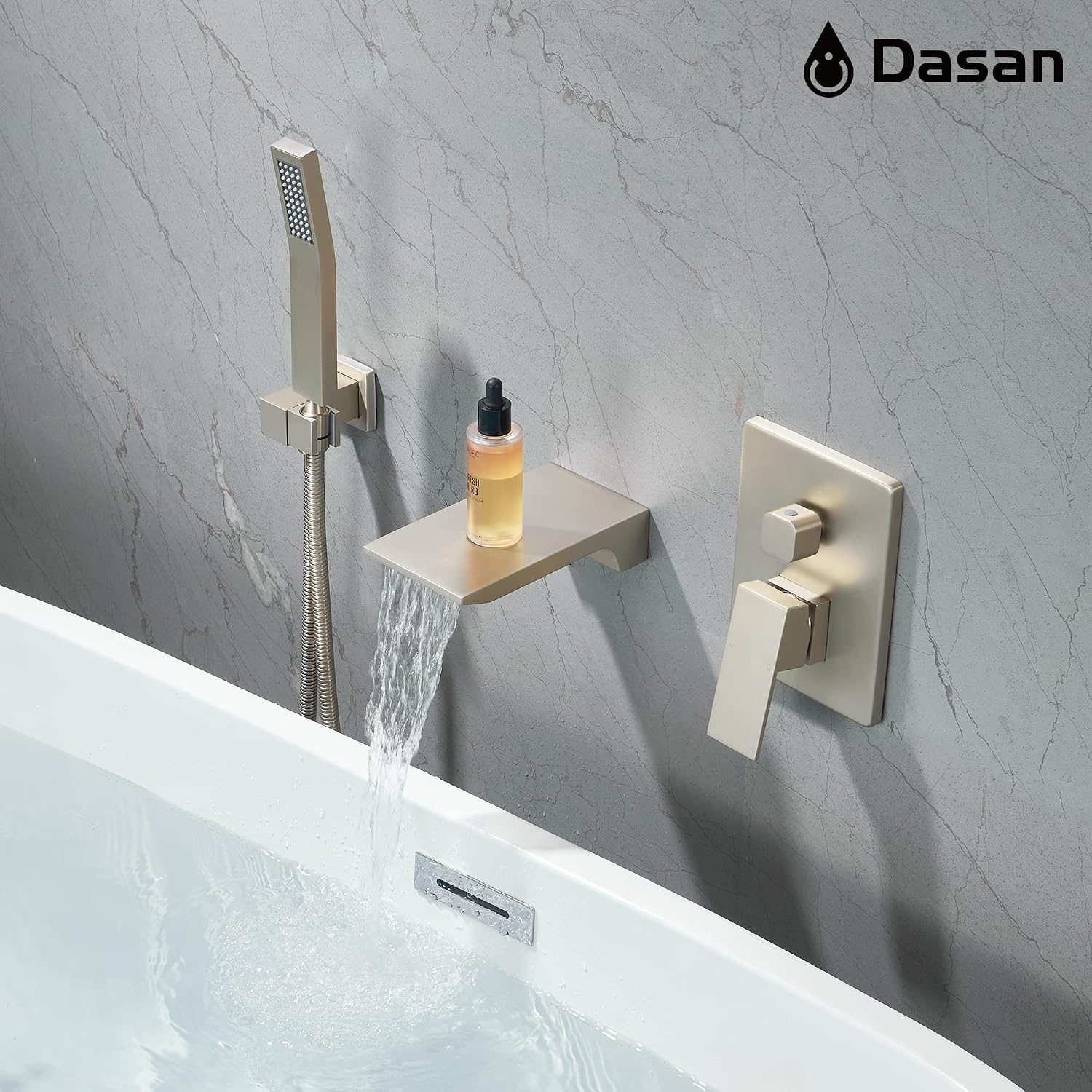 DASAN Waterfall Tub Filler Faucet Wall Mount with Hand Shower, Modern Wall Mounted Bathtub Faucet Brushed Nickel Tub Faucet with High Flow Rough in Valve, SA-TF01WH-BN