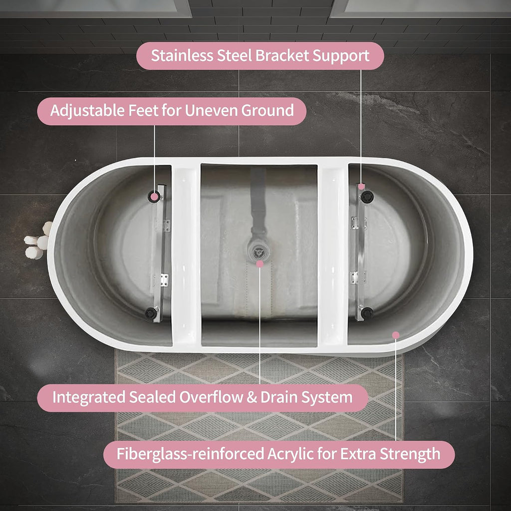 ABRUZZO 55' Acrylic Freestanding Bathtub - Oval Deep Soak Tub, Center Drain & Overflow, cUPC Certified Glossy White