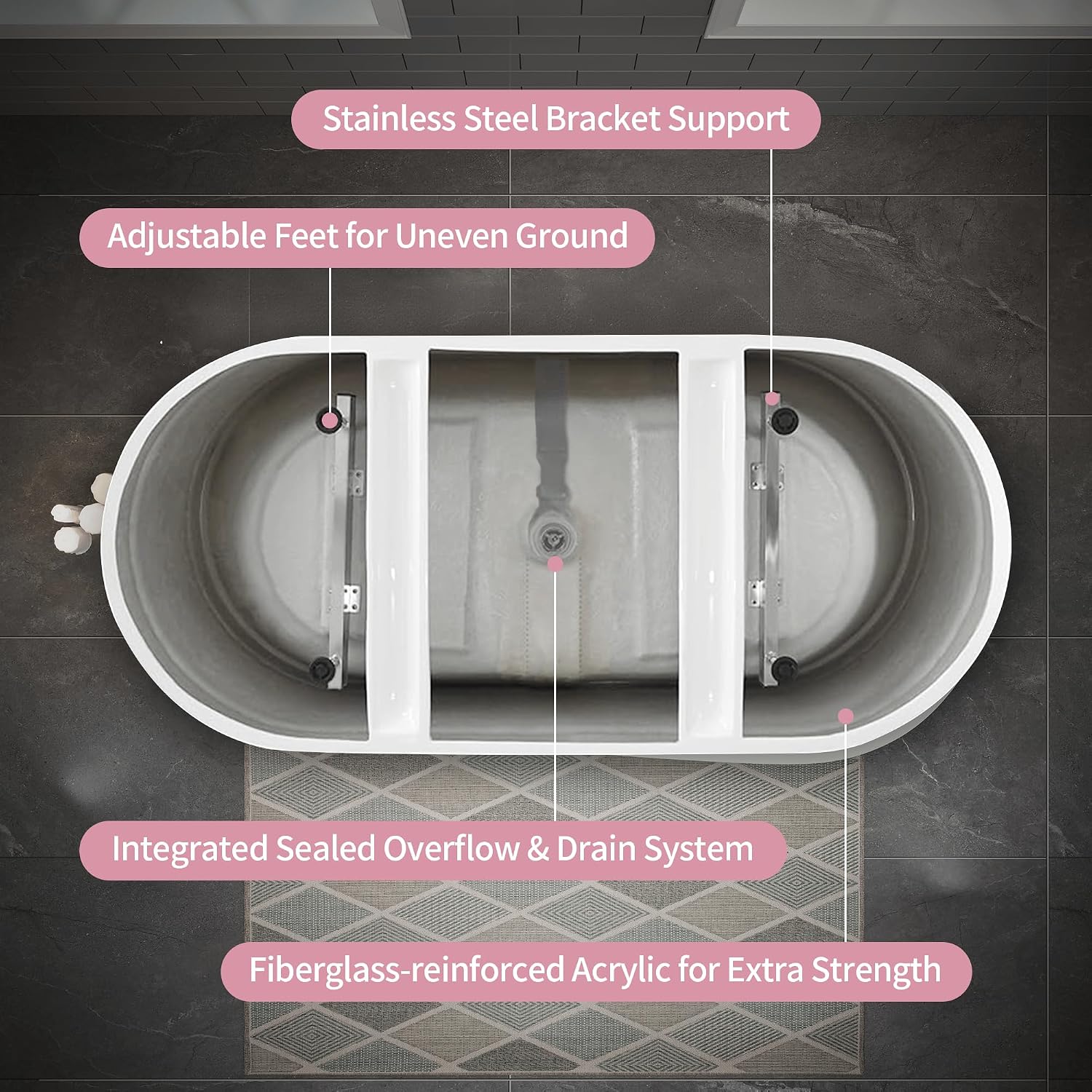 ABRUZZO 63' Acrylic Freestanding Bathtub - Oval Deep Soak Tub, Center Drain & Overflow, cUPC Certified Glossy White