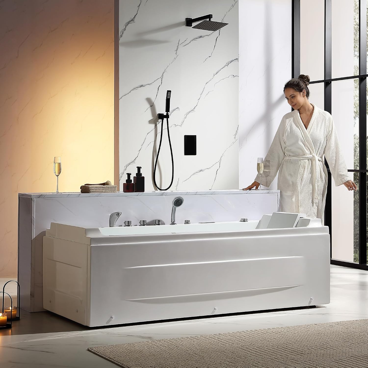 Empava Acrylic Whirlpool Bathtub, 71-Inch Jetted Bathtub with Healing Chromotherapy, Heated Soaking Tub with LED Control Panel, Comforting Hydro Massage Tub with Waterfall Joy, Black Pillow