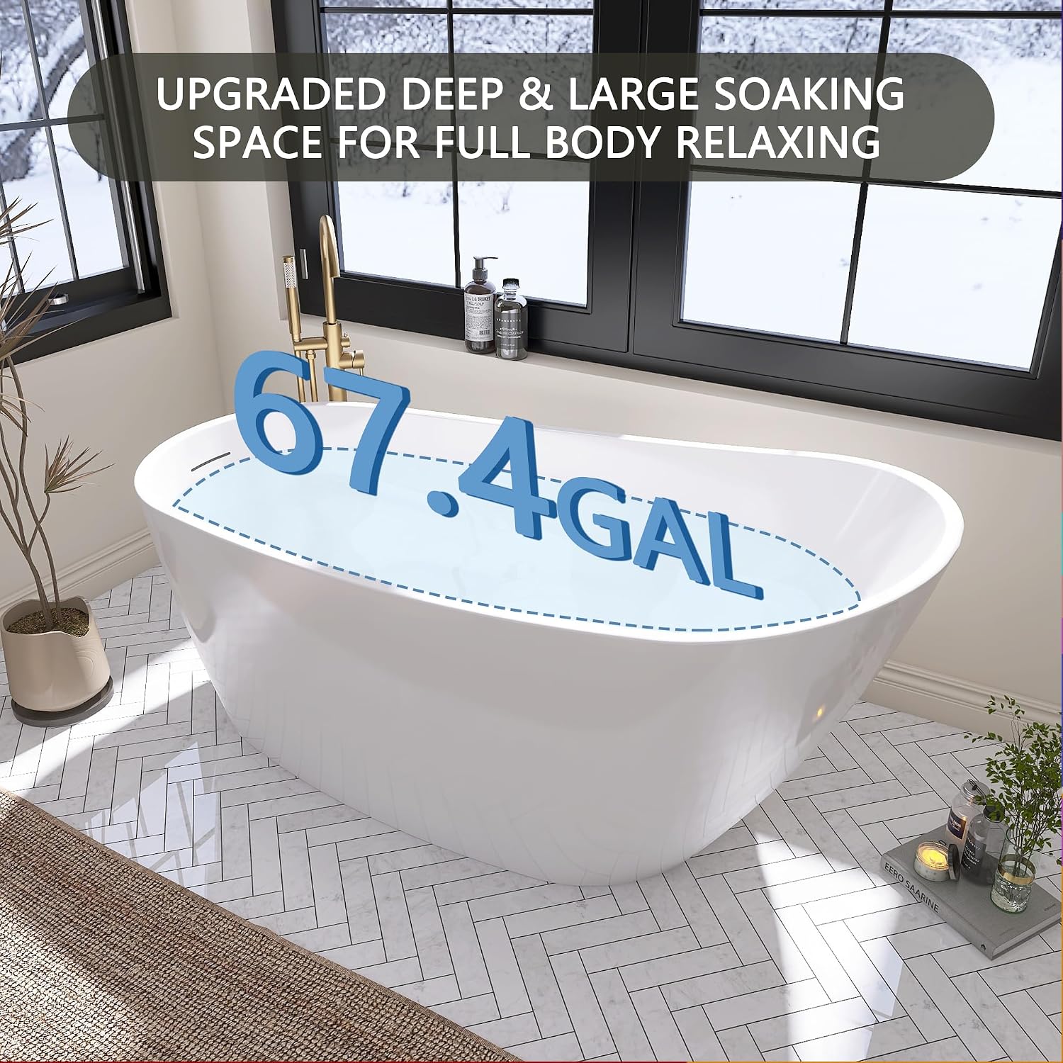 67' Free Standing Tub, Pure Acrylic Freestanding Bathtub, Stylish Stand Alone Tub, Contemporary Deep Soaking Bath Tub, cUPC Certified SY9970 (Glossy White)