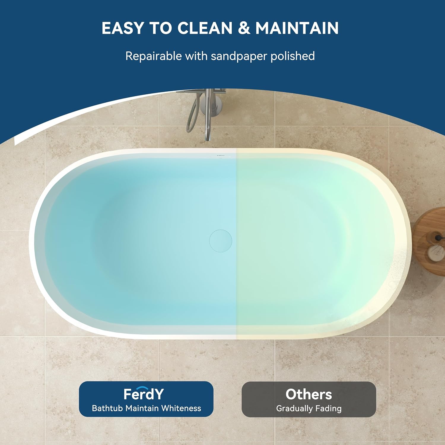FerdY Fiji 59' Stone Resin Freestanding Bathtub, Elegant Oval Freestanding Soaking Bathtub, Solid Surface Soaking Tub, Matte White, cUPC Certified, Pop-up and Drain Integrated Slotted Overflow