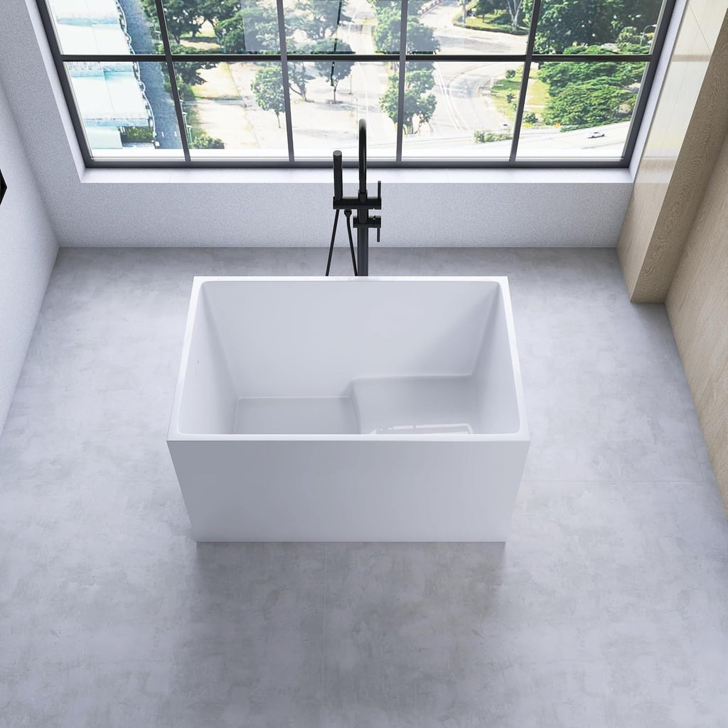 43' Freestanding Bathtubs Free Standing Tubs with Seat，Spacious Rectangular Shape Modern Japanese Bathtub， Chrome Slot Overflow and Pop-Up Drain，CUPC Certified，White,DJ014-1100