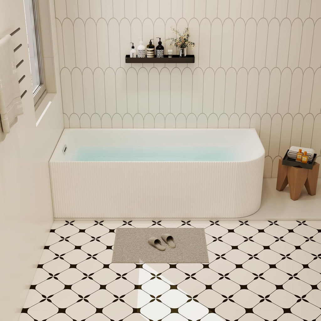 67 inch Corner Wave Style Left Drain Freestanding Soaking Bathtub, Modern Stand Alone Free Standing Acrylic Tub with Left Hand Drain & Overflow, Glossy White