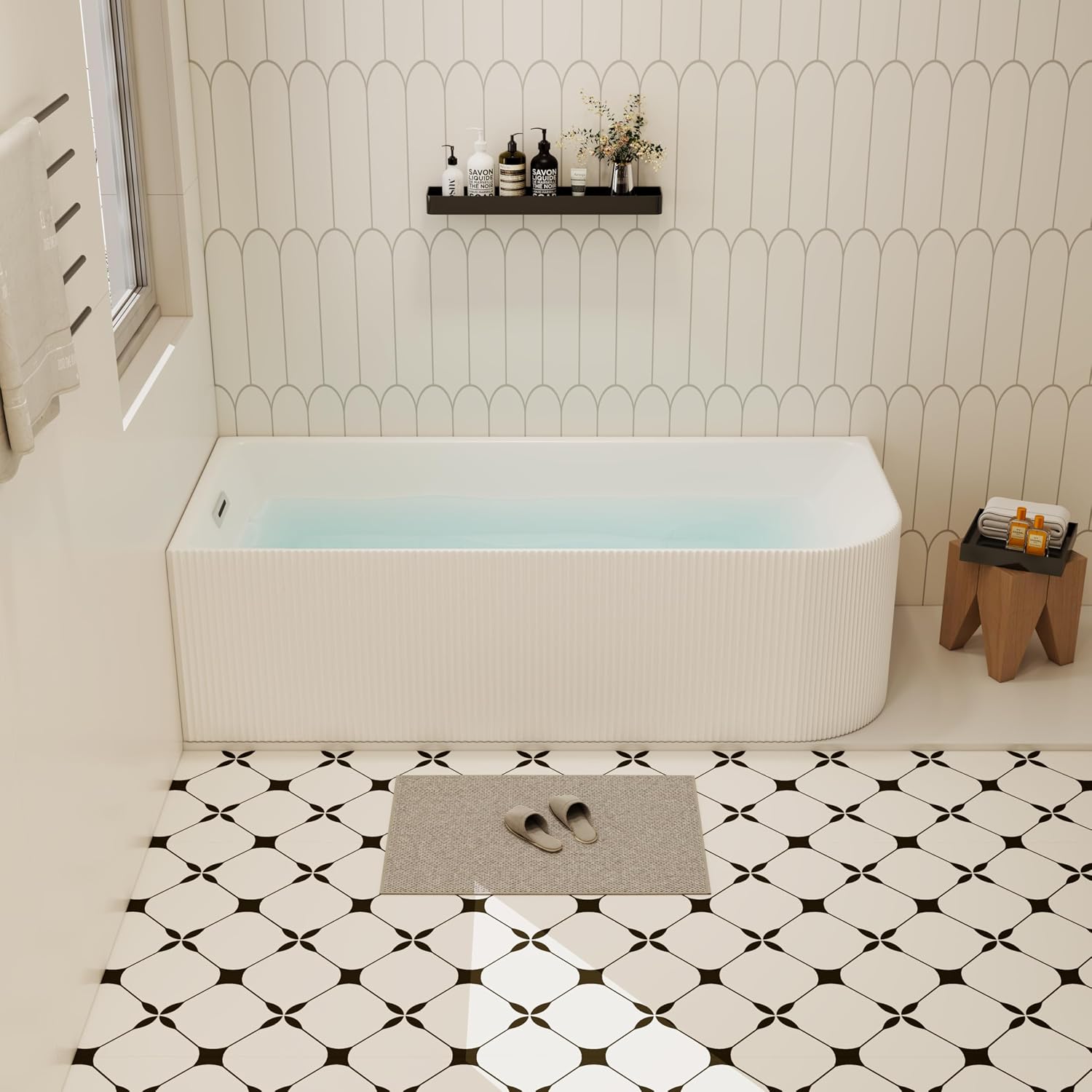 67 inch Corner Wave Style Left Drain Freestanding Soaking Bathtub, Modern Stand Alone Free Standing Acrylic Tub with Left Hand Drain & Overflow, Glossy White