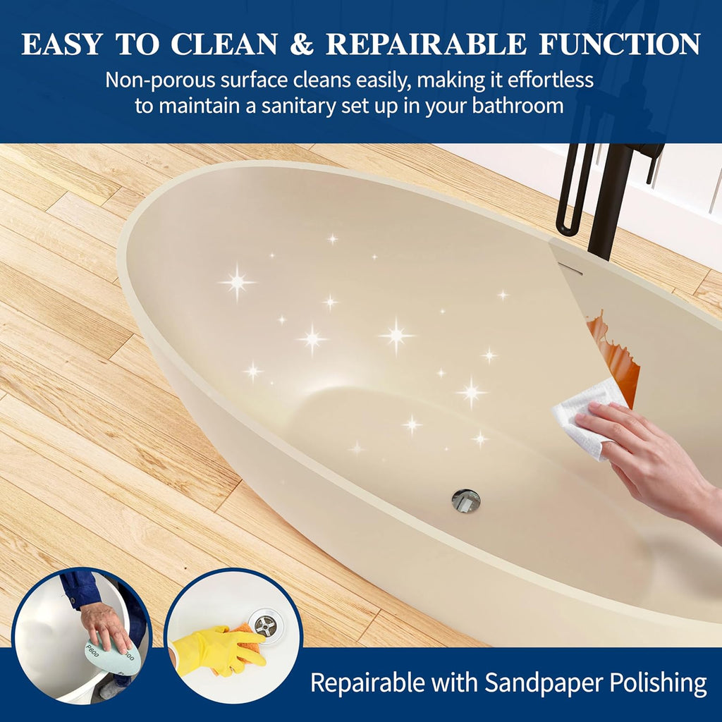 Stone Resin Freestanding Bathtub 65', Elegant Oval Shape Soaking Tub, Solid Surface Stand Alone Bathtub with Drain & Integrated Slotted Overflow AMFS303-1650 milky coffee