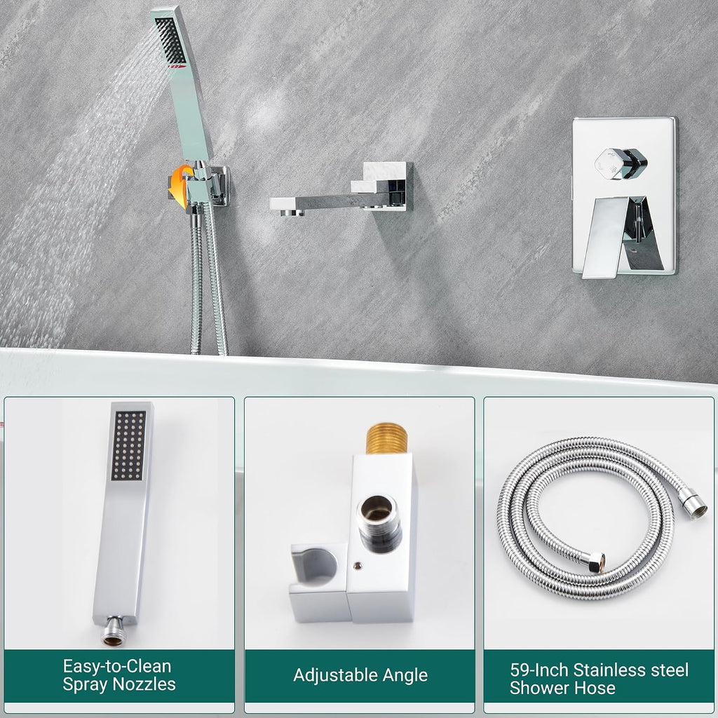 DASAN Swiveling Wall Mount Tub Filler Faucet Set with Hand Held Shower, Chrome Modern Creative Bathtub Faucet Wall Mounted Bath Tub Faucet with High Flow Rough in Valve, SA-TF05WH-PC