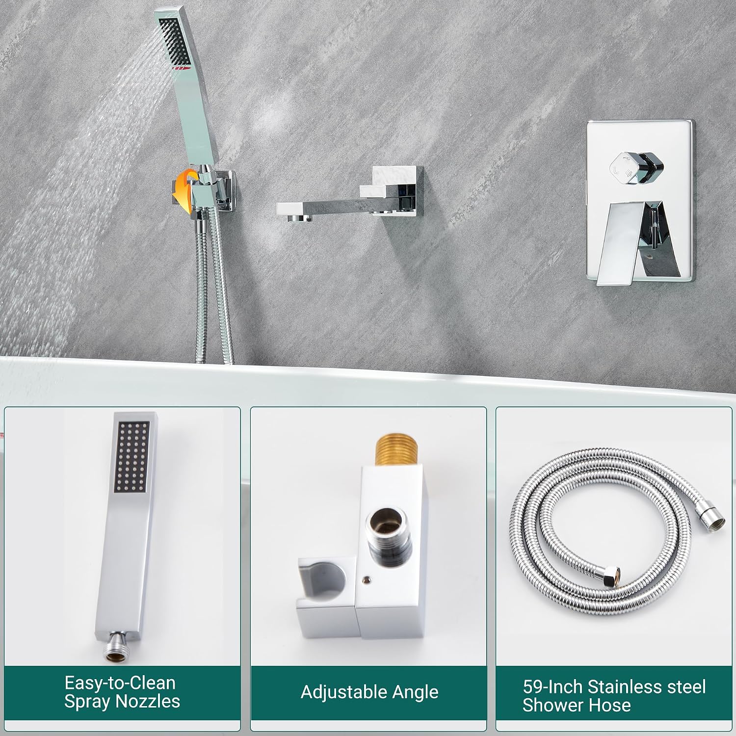 DASAN Swiveling Wall Mount Tub Filler Faucet Set with Hand Held Shower, Chrome Modern Creative Bathtub Faucet Wall Mounted Bath Tub Faucet with High Flow Rough in Valve, SA-TF05WH-PC