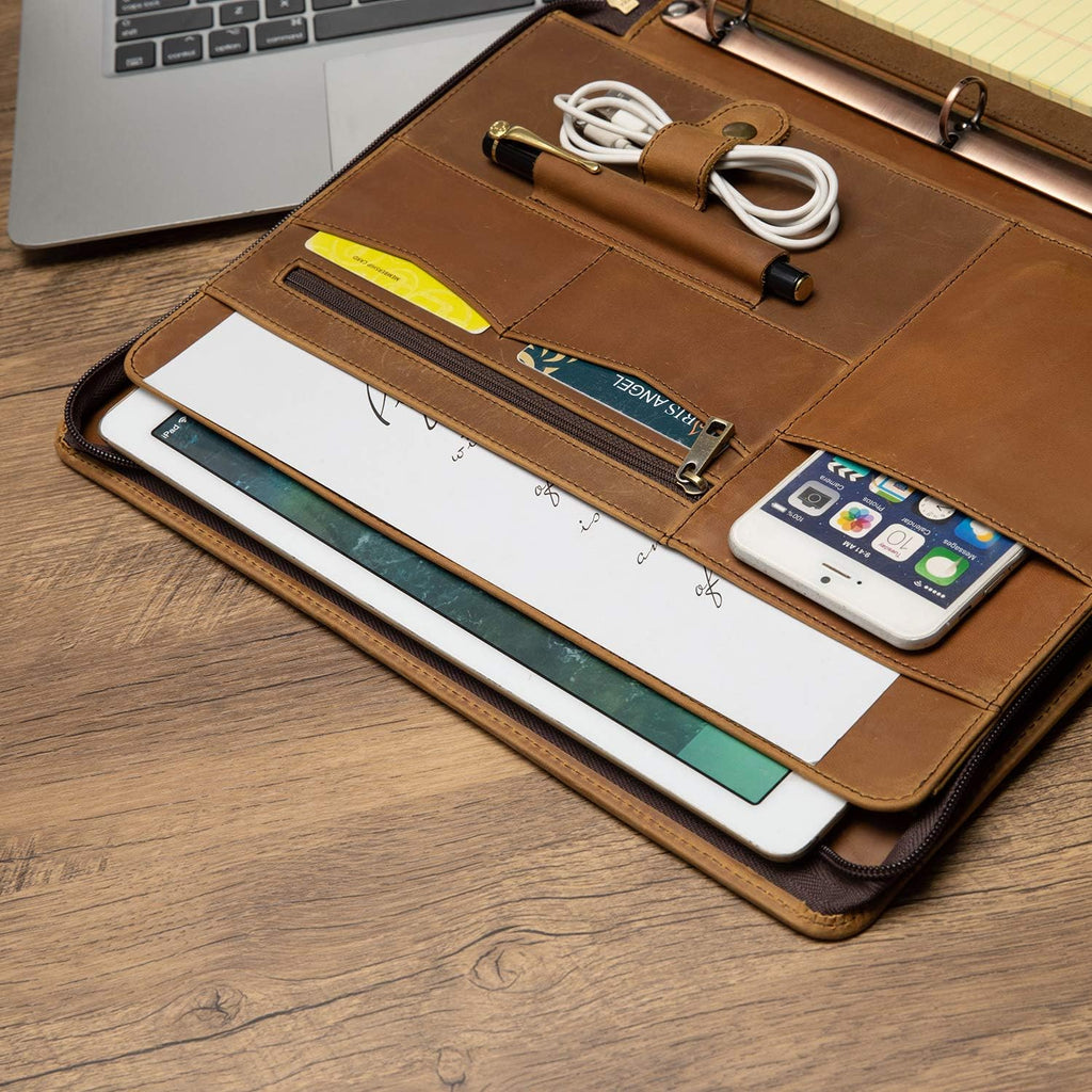 YIWEN Personalized Leather 3 Ring Binder Portfolio with Front Pocket, Zippered Padfolio for 8.5 x 11' Notepad and 13' Tablet, Professional Business Travel Organizer (Brown, Crazy Horse Leather)
