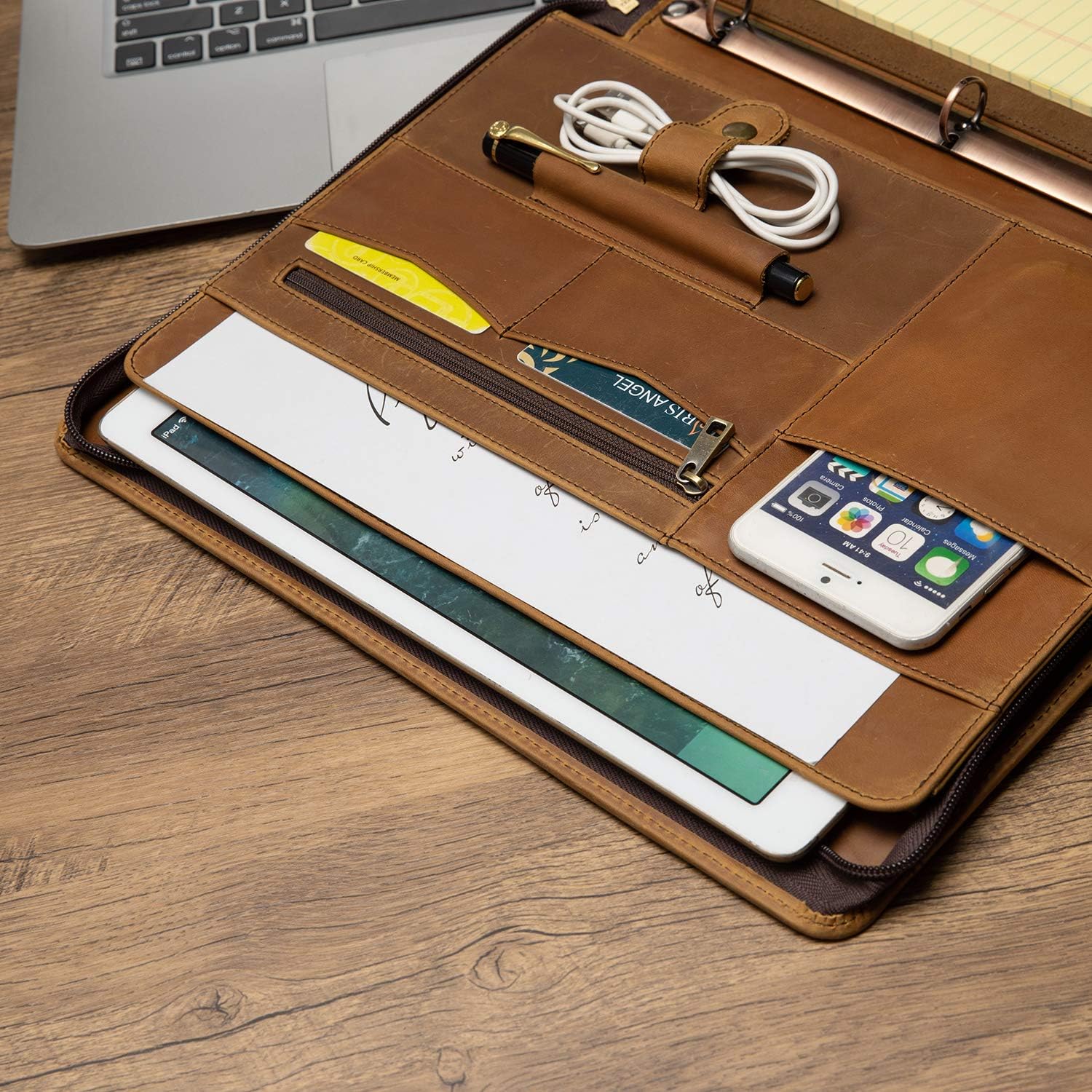 YIWEN Personalized Leather 3 Ring Binder Portfolio with Front Pocket, Zippered Padfolio for 8.5 x 11' Notepad and 13' Tablet, Professional Business Travel Organizer (Brown, Crazy Horse Leather)