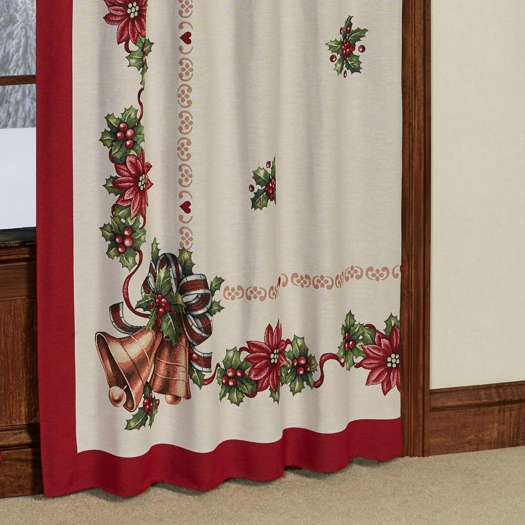 Holiday Bells Luxury Window Treatment | Lightweight Woven Jacquard Tapestry Style Christmas Curtains Valance | Gold Bells Poinsettia Flowers Holly Leaf | Festive Tailored Valance Curtain Pair Drapery