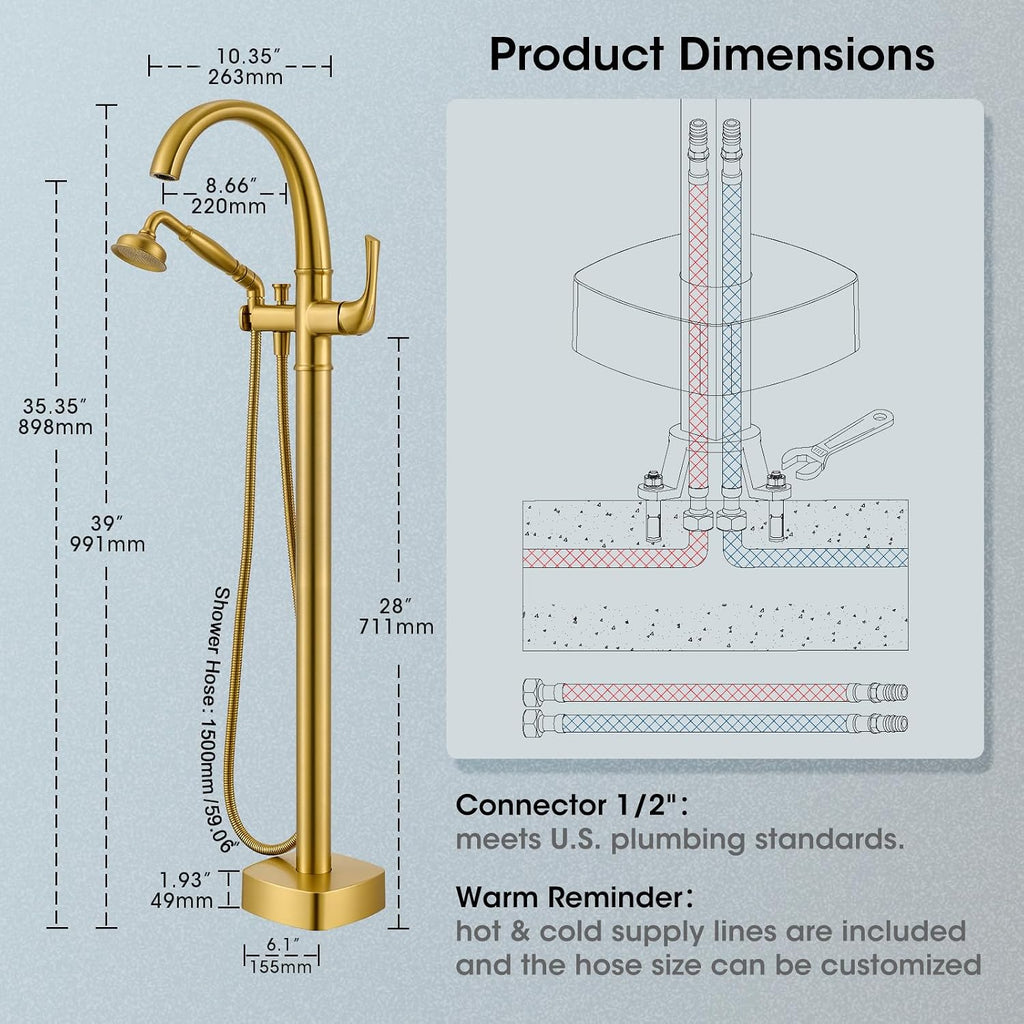 Free Standing Tub Faucet, Jabbol Luxury Freestanding Bathtub Faucet with Sprayer, Brass Bathroom Floor Mount Tub Filler, Brushed Gold (JB-8811BG)