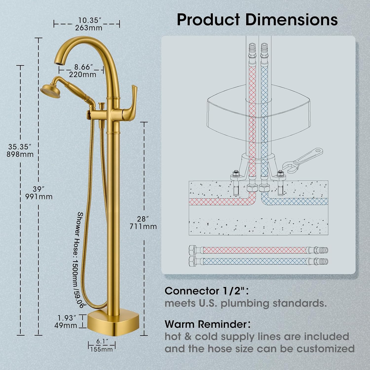 Free Standing Tub Faucet, Jabbol Luxury Freestanding Bathtub Faucet with Sprayer, Brass Bathroom Floor Mount Tub Filler, Brushed Gold (JB-8811BG)