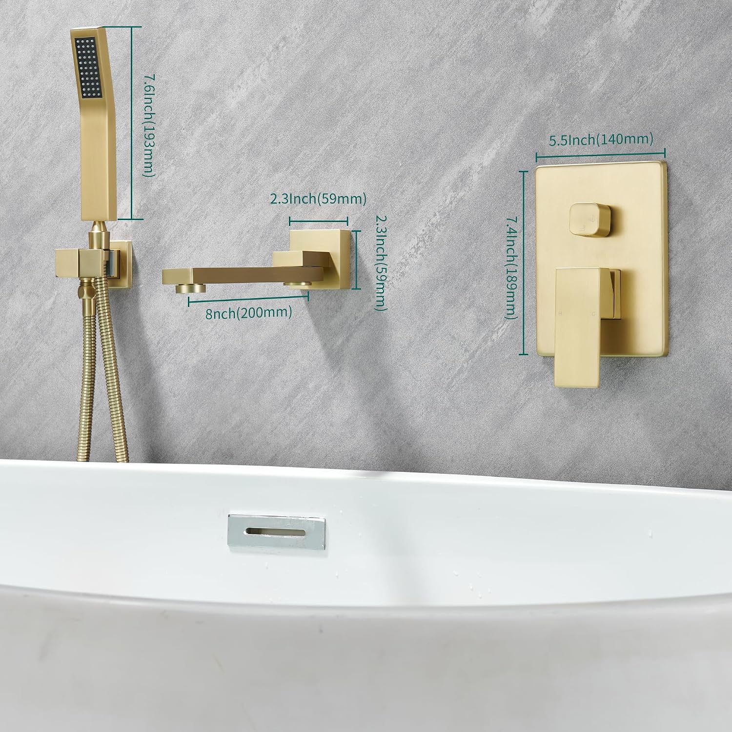 DASAN Swiveling Wall Mount Tub Filler Faucet Set with Hand Held Shower, Brushed Gold Modern Creative Bathtub Faucet Wall Mounted Bath Tub Faucet with High Flow Rough in Valve, SA-TF05WH-BG