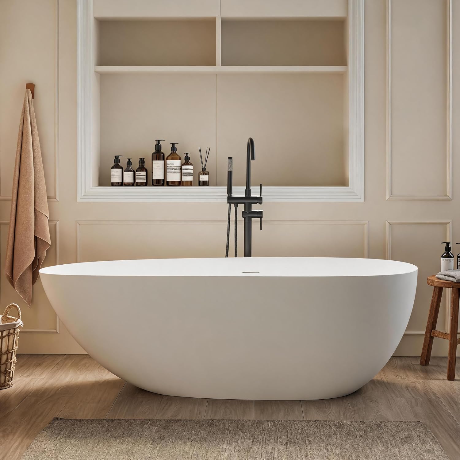 67' Freestanding Bathtub, Solid Surface Soaking Tub - Oval Egg Shell Stone Resin with Pop-Up Drain & Overflow, CUPC Certified Matte White Deep Soaking Tub with Ergonomic Design for Luxury Bathroom