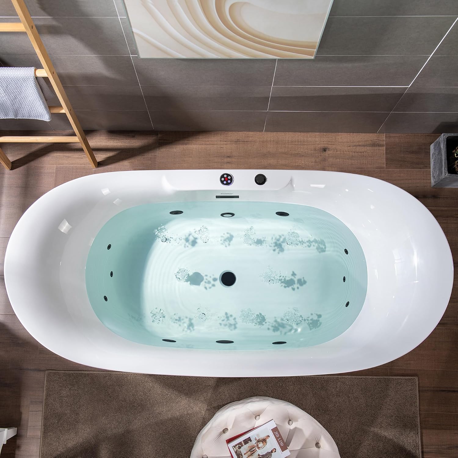 WOODBRIDGE 72' x 35-3/8' Whirlpool Water Jetted and Air Bubble Freestanding Heated Soaking Combination Bathtub with LED control panel,Matte Black drain and overflow,BM400