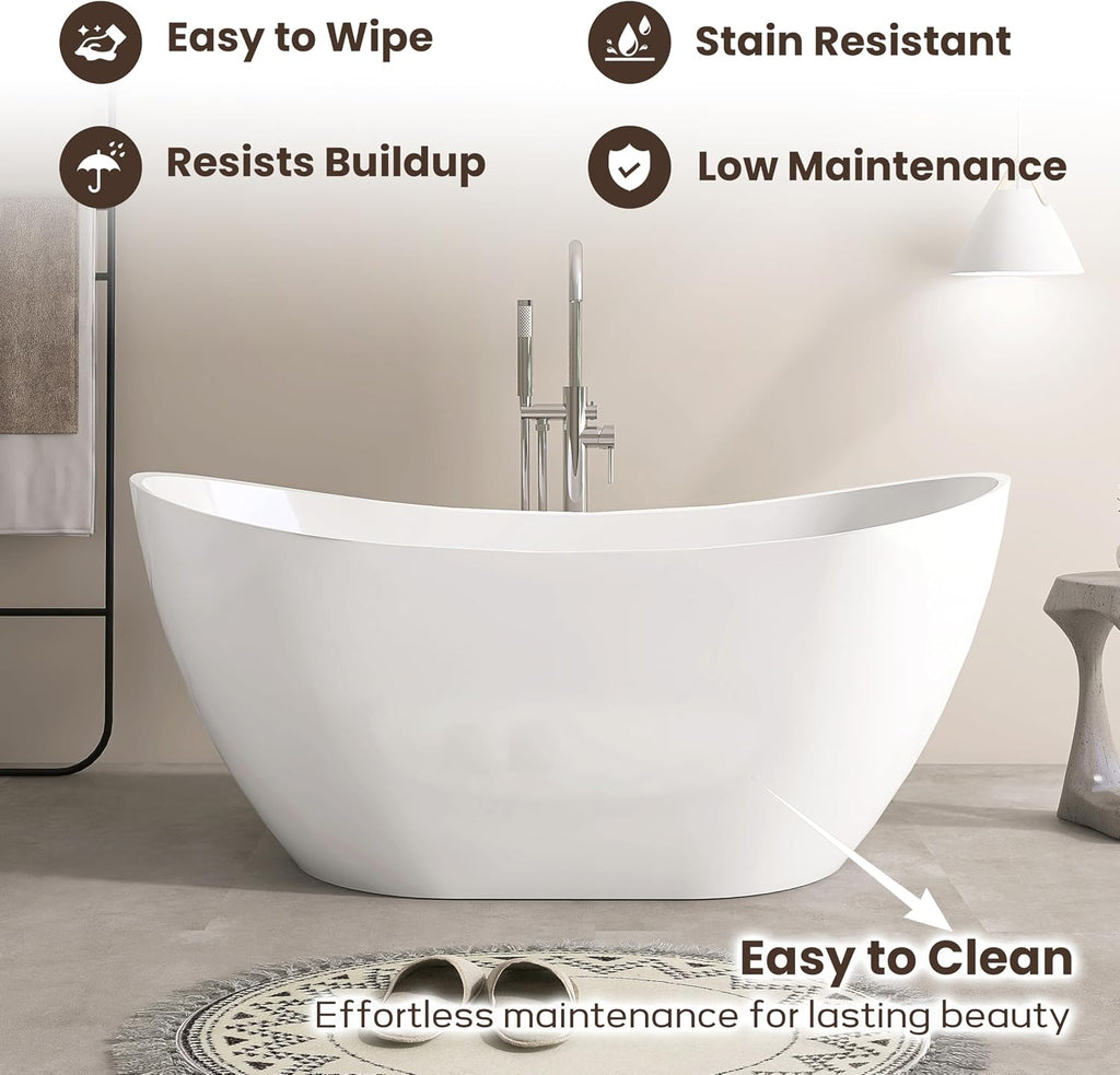 SJ STAR&JANE 60' Acrylic Freestanding Bathtub, Dual Slipper Acrylic Soaking Bathtub,Stand Alone Tub with Drain and Overflow, cUPC Certified, White