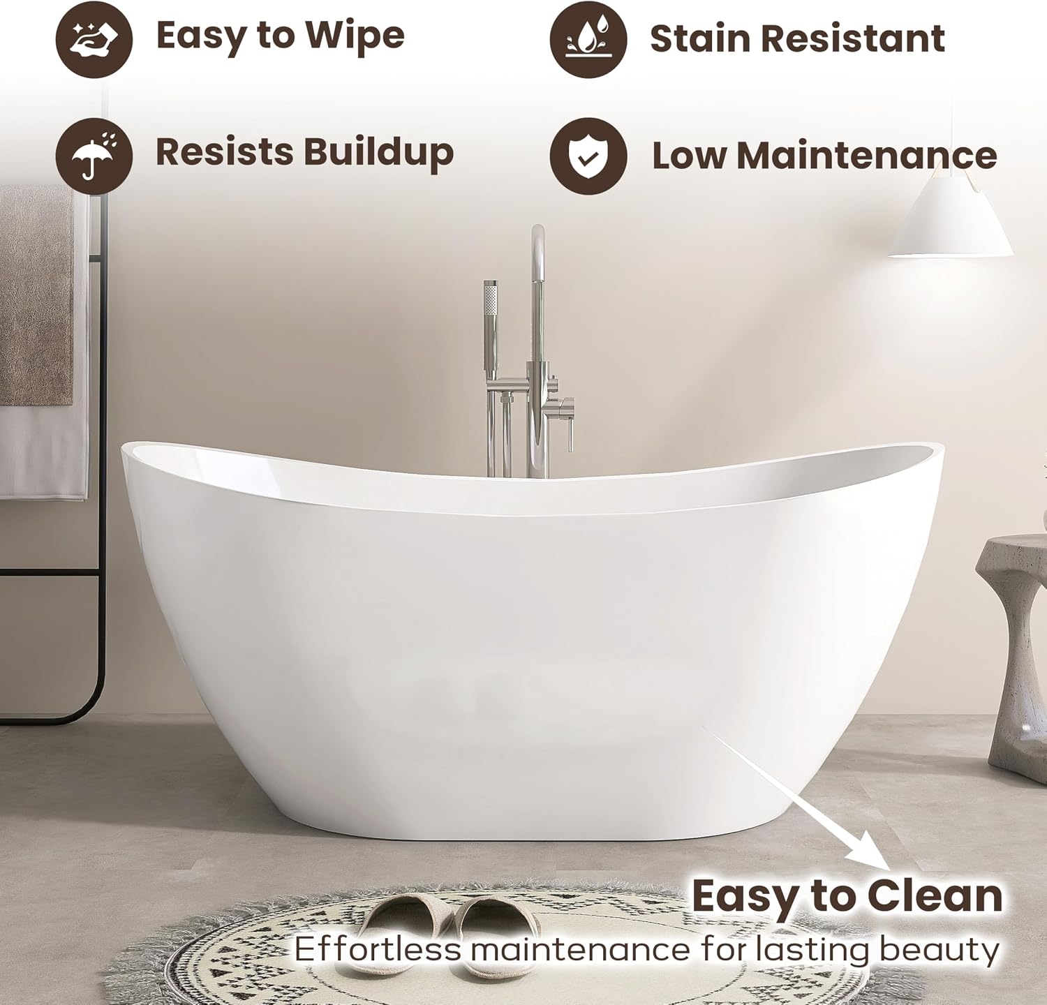 SJ STAR&JANE 60' Acrylic Freestanding Bathtub, Dual Slipper Acrylic Soaking Bathtub,Stand Alone Tub with Drain and Overflow, cUPC Certified, White