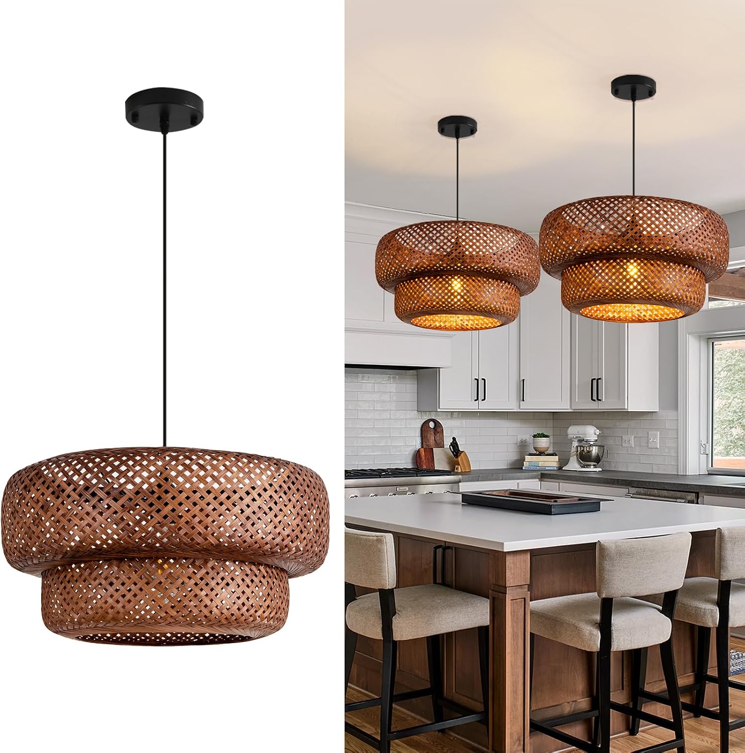 Bamboo Pendant Light,Dark Curry Boho Rattan Hanging Light,17.7' Hand Woven Wicker Chandelier for Kitchen Island for Kitchen Island Dining Bedroom Living Room Restaurants