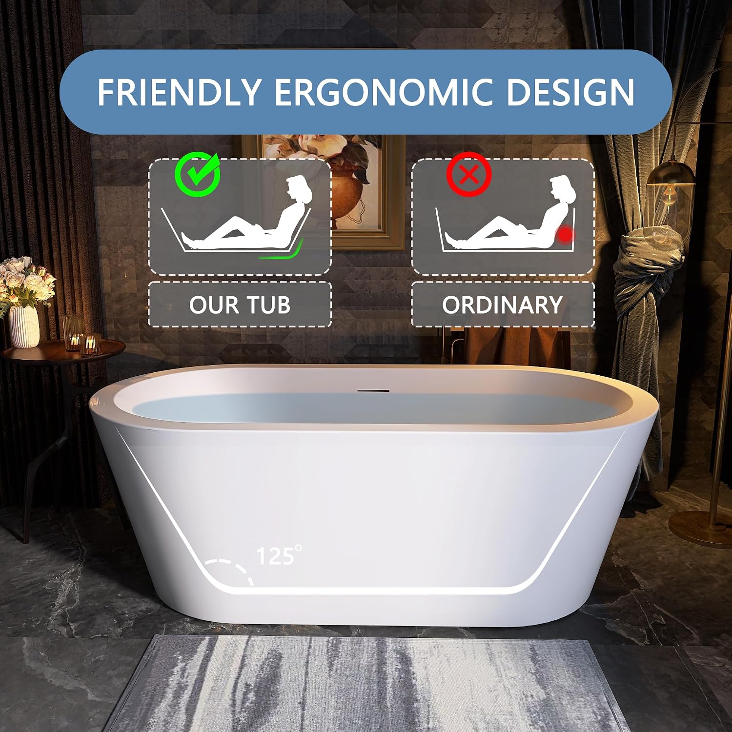 61 in. x 31 in.Classic Oval Acrylic Free Standing Tub, Heavy Duty Deep Soaking Tub, Bathroom Stand Alone Tub, Freestanding Bathtub SY1255 (Glossy White)