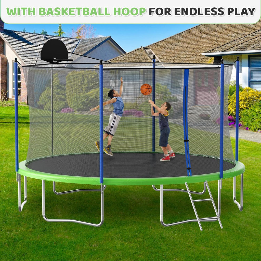 Skepphlay 16ft 14ft 12ft Trampoline Outdoor for Kids and Adults, ASTM Approved Recreational Trampoline, Round Trampoline with Basketball Hoop & Enclosure Net for Backyard