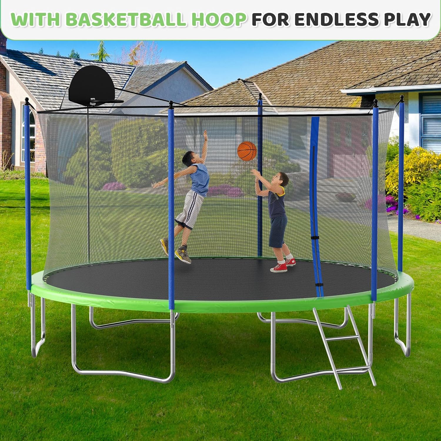 Skepphlay 16ft 14ft 12ft Trampoline Outdoor for Kids and Adults, ASTM Approved Recreational Trampoline, Round Trampoline with Basketball Hoop & Enclosure Net for Backyard
