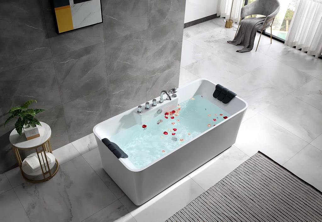 Empava 59' White Freestanding Rectangular Whirlpool Bathtub with 8 Adjustable Hydromassage Jets, ETL-Certified, 60-Gallon Capacity, Double-Ended Design & Two Pillows – Spacious for All Body Types