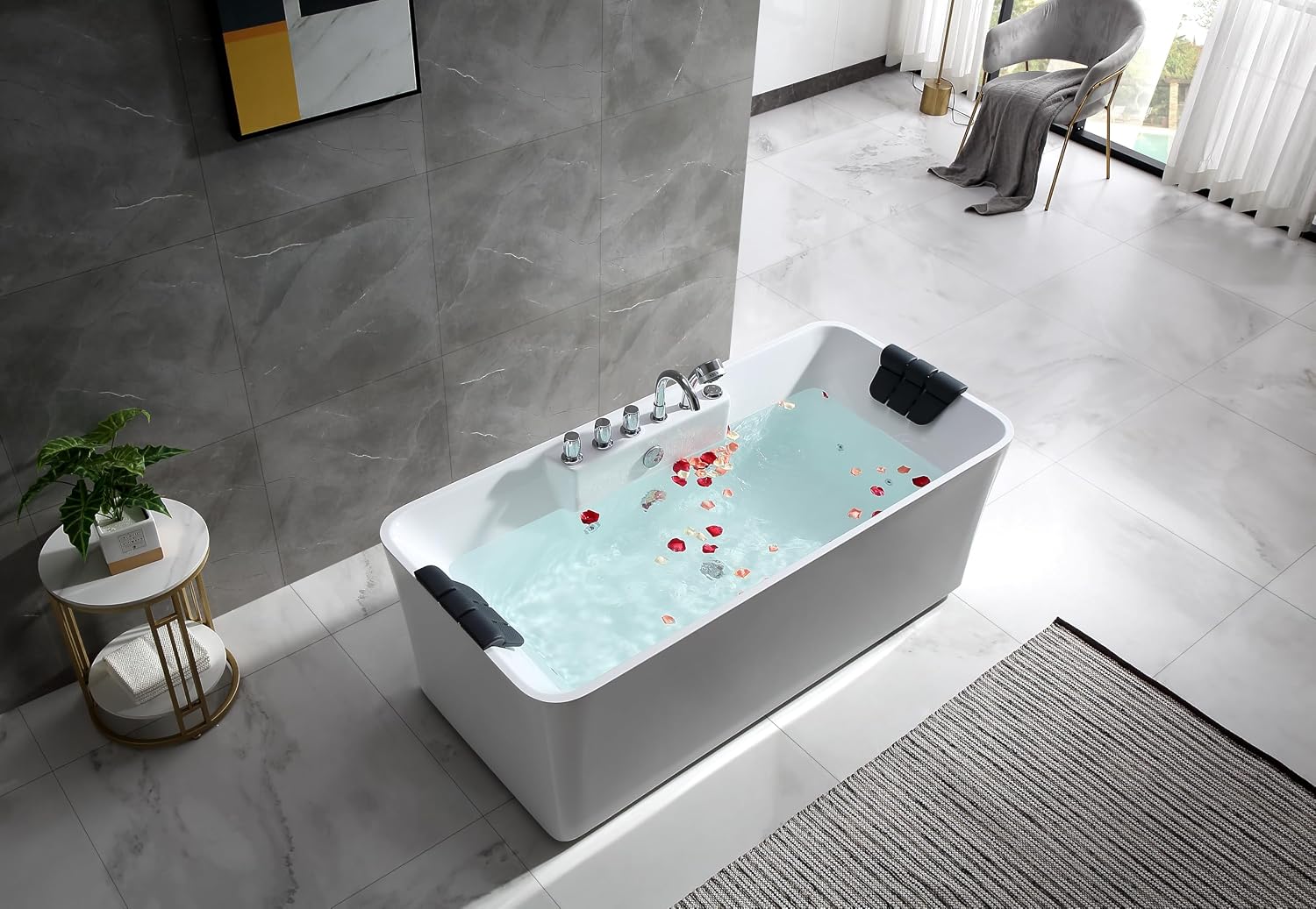 Empava 59' White Freestanding Rectangular Whirlpool Bathtub with 8 Adjustable Hydromassage Jets, ETL-Certified, 60-Gallon Capacity, Double-Ended Design & Two Pillows – Spacious for All Body Types