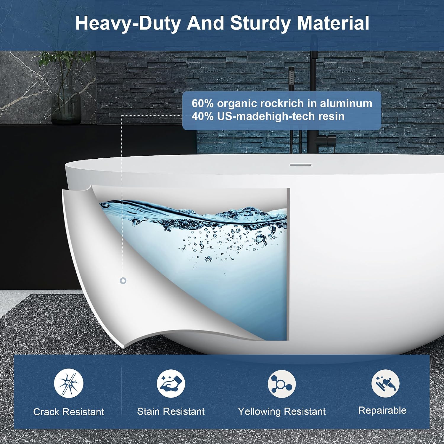 55'' Stone Resin Free Standing Tub, Freestanding Bathtub Solid Surface, Modern Soaking Tub with Overflow and Pop-up Drain in White