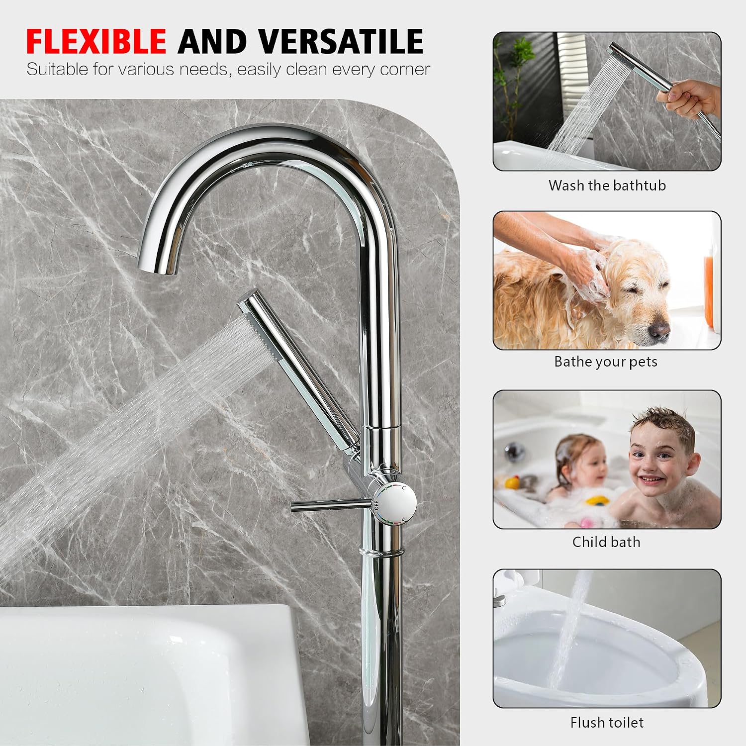 sumerain Freestanding Tub Filler Faucet, Modern Bathroom Floor Mounted Bathtub Faucet with Handheld Shower High Flow, Chrome