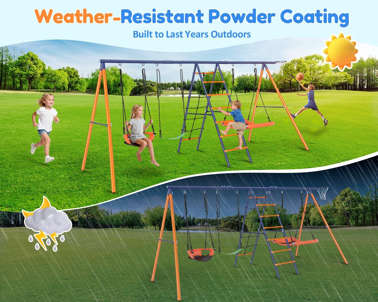 Swing Sets for Backyard, 6 in 1 Swing Set Outdoor for Kids 3-12, 700 lbs Heavy Duty Metal Toddler Playset Swingset for Playground with 3 Adjustable Swings, Basketball Hoop, Climbing Ladder and Nets